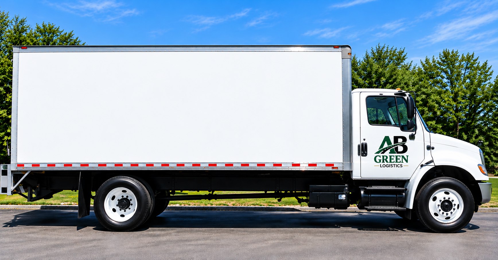 White 26-foot box truck with the green and black AB Green Logistics logo on the driver's door and a blank cargo box